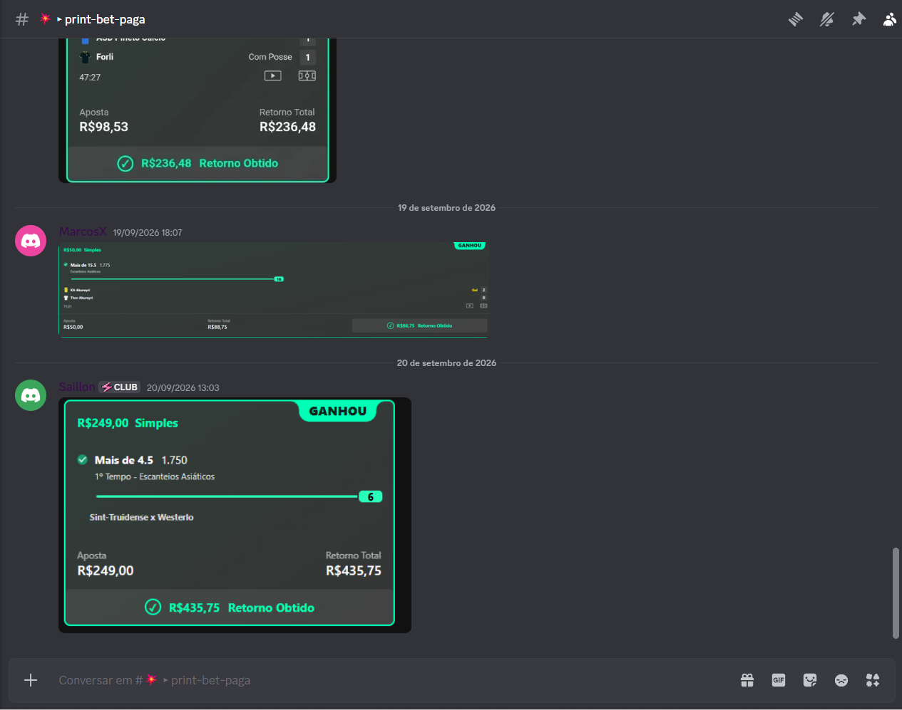 Print de alunos no Discord com lucros em escanteios