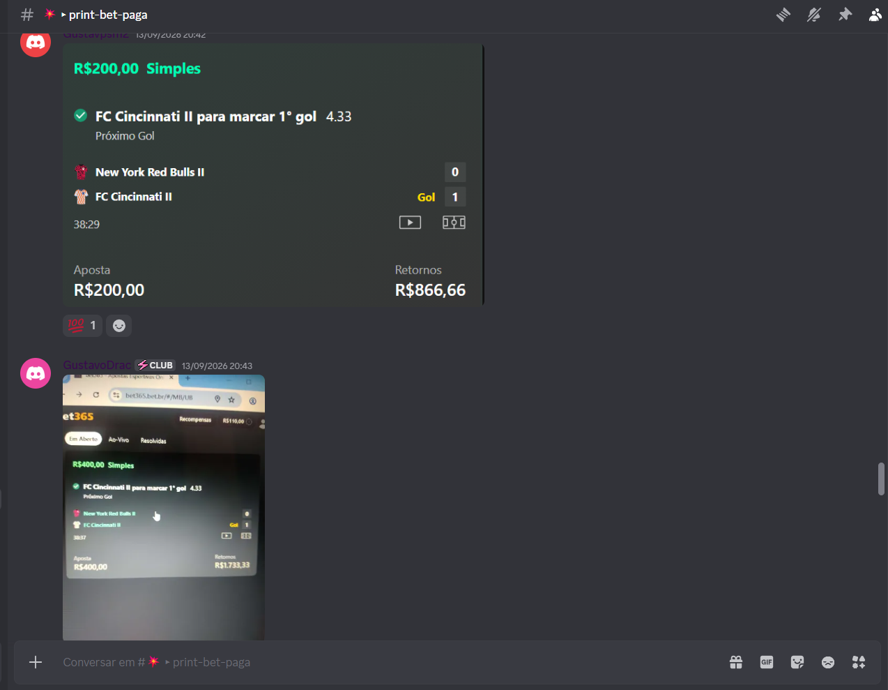 Print dos alunos Gustavo e GustavoDrac com retorno de R$ 1.733,33 no Discord